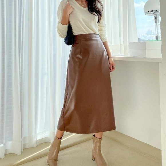 . Dresses & Skirts - brown split back PU leather midi skirt fall winter chic classy trending